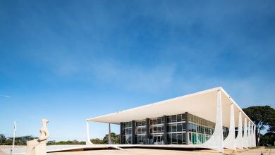 Vista externa do edifício do Supremo Tribunal Federal, em Brasília, sob céu azul.